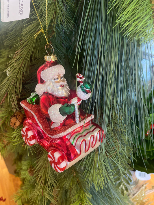Santa in Candy Car 4.25”H Glass