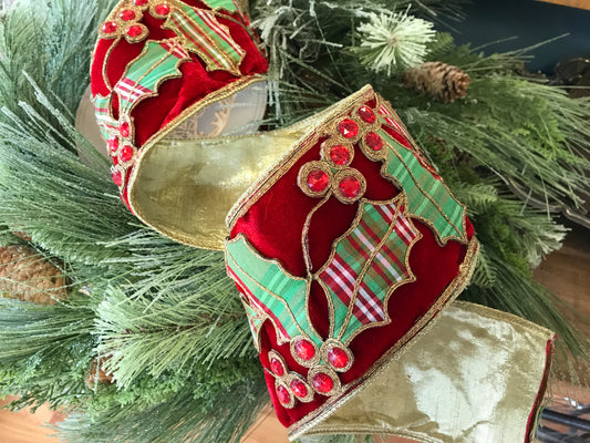 4"x5yds Velvet Jewel North Pole Plaid Holly