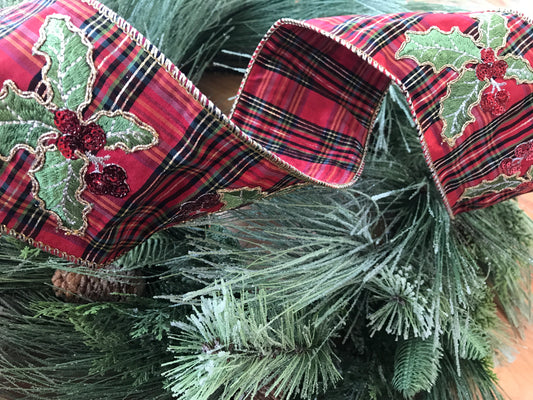 4”x5yds Metallic Plaid Holly Embroidered Red Black Green Ribbon