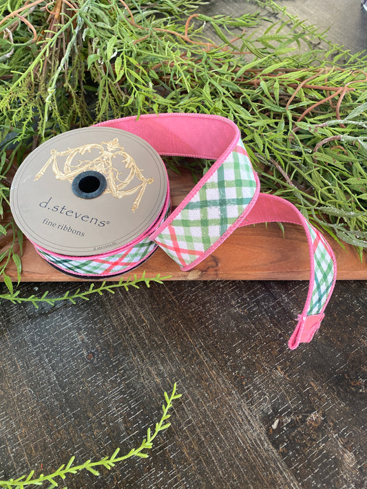 1.5"x10yds Dupion Watercolor Diagional Check, Pink, Green, White
