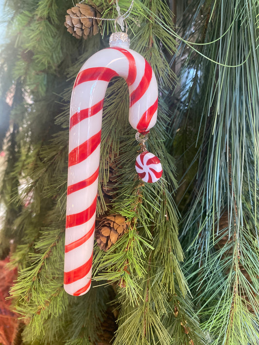 7.25” Hand Painted Red & White Glass Candy Cane Ornament sea