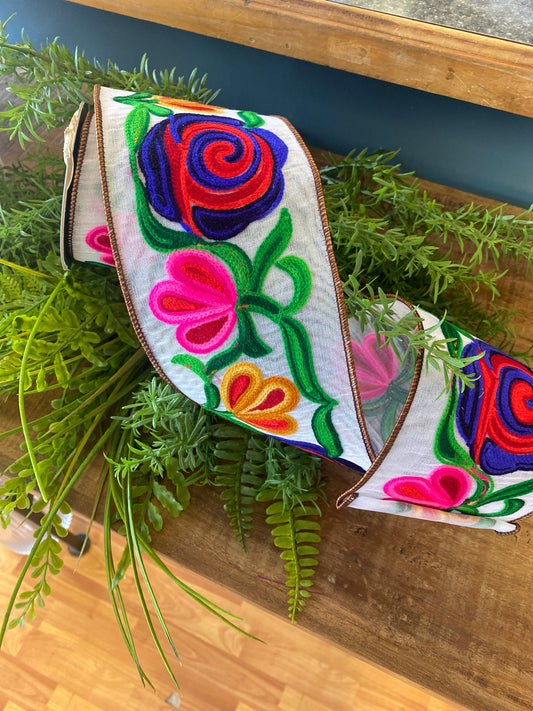 Floral Embroidery Stitches Wired Edge, Multi 4"x 5 yds