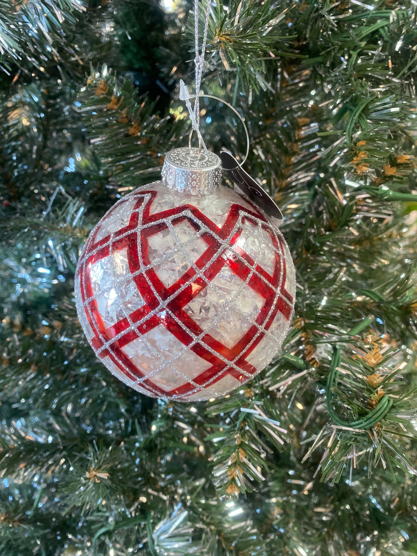Red Check Plaid with Silver Glitter Ornament