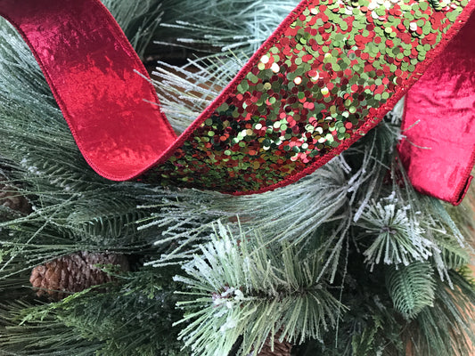 2.5”x10yds Cirque Glitter, Lime Green Red Ribbon