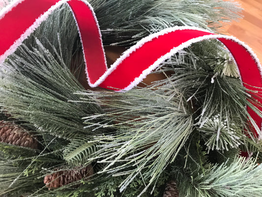 1.5”x10yds Velvet w/ Drift Edge Red & White Ribbon