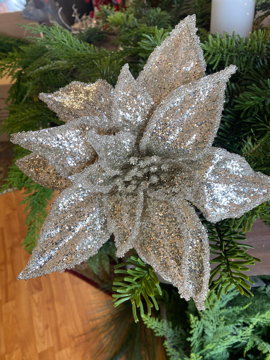 24” Metallic Glitter Poinsettia Stem Silver