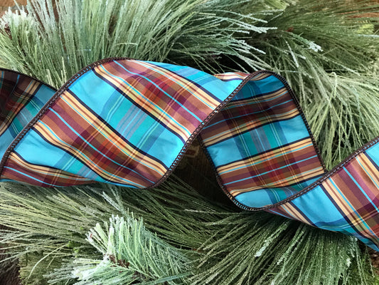 Plaid Elizabeth Dupioni Wired Edge Ribbon Turquoise 4”x10 yds
