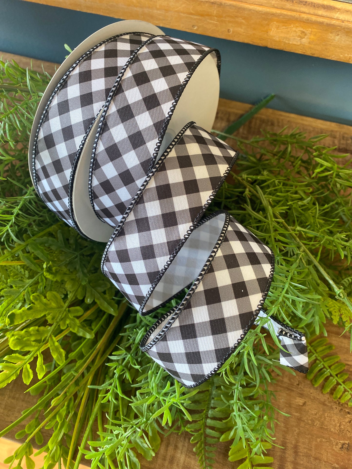 Gingham Diagonal Twill Wired Edge, Black/White 1 1/2"x10yds