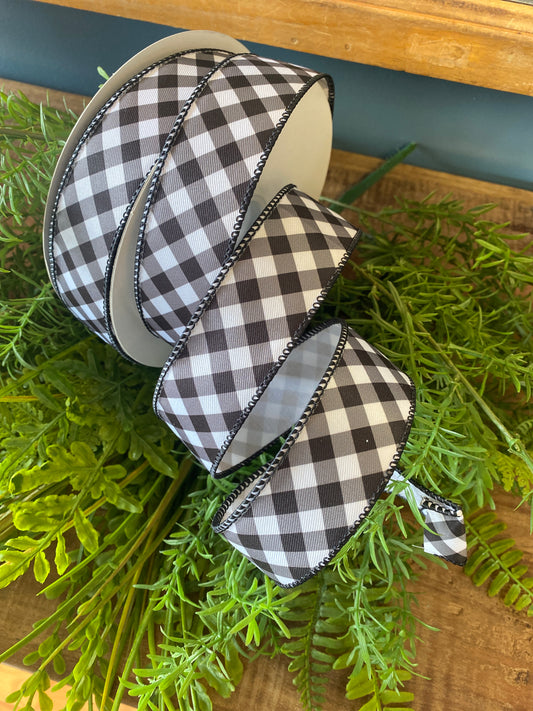 Gingham Diagonal Twill Wired Edge, Black/White 1 1/2"x10yds