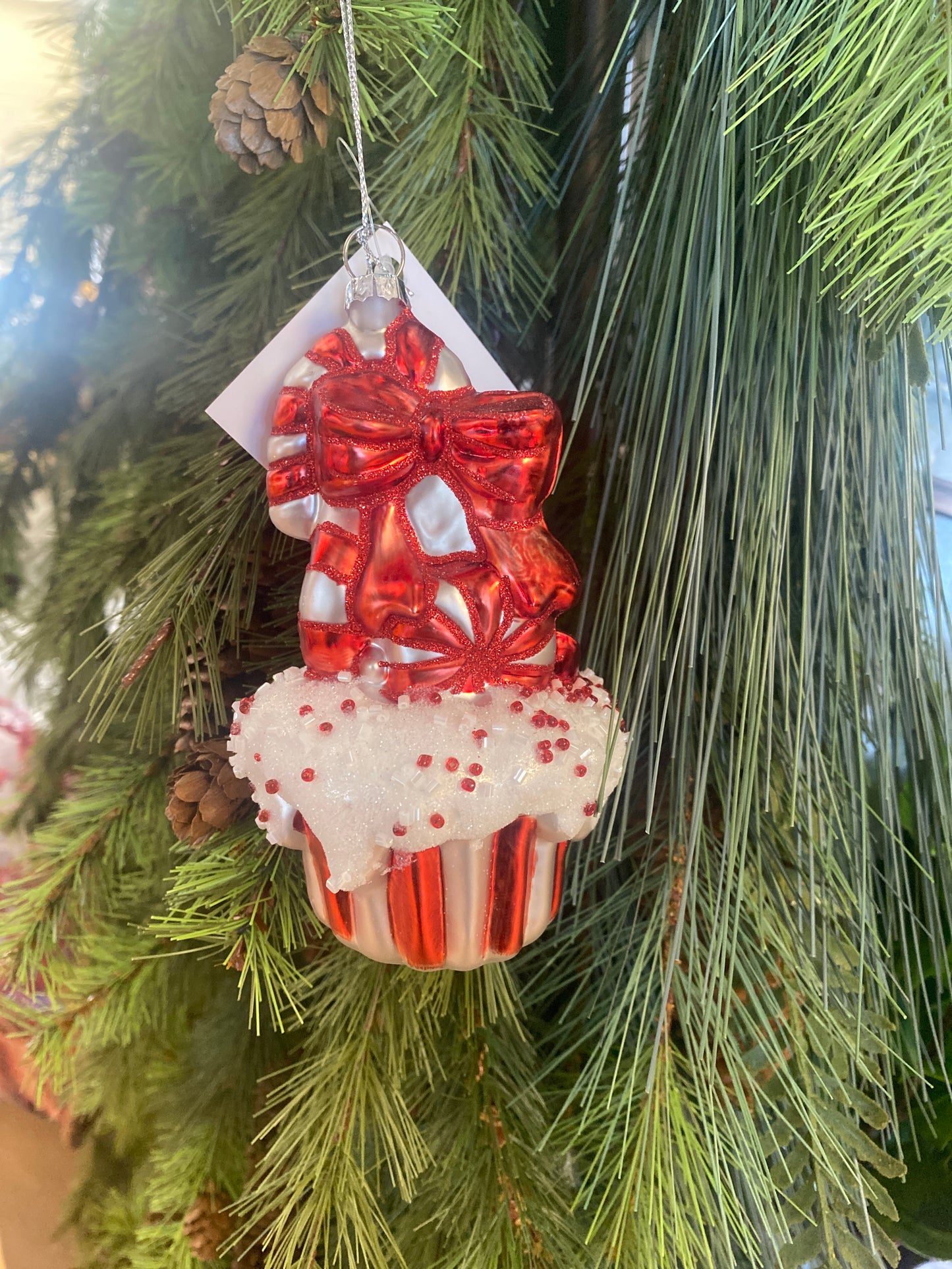 5.25” Red & White Blown Glass Cupcake Ornament