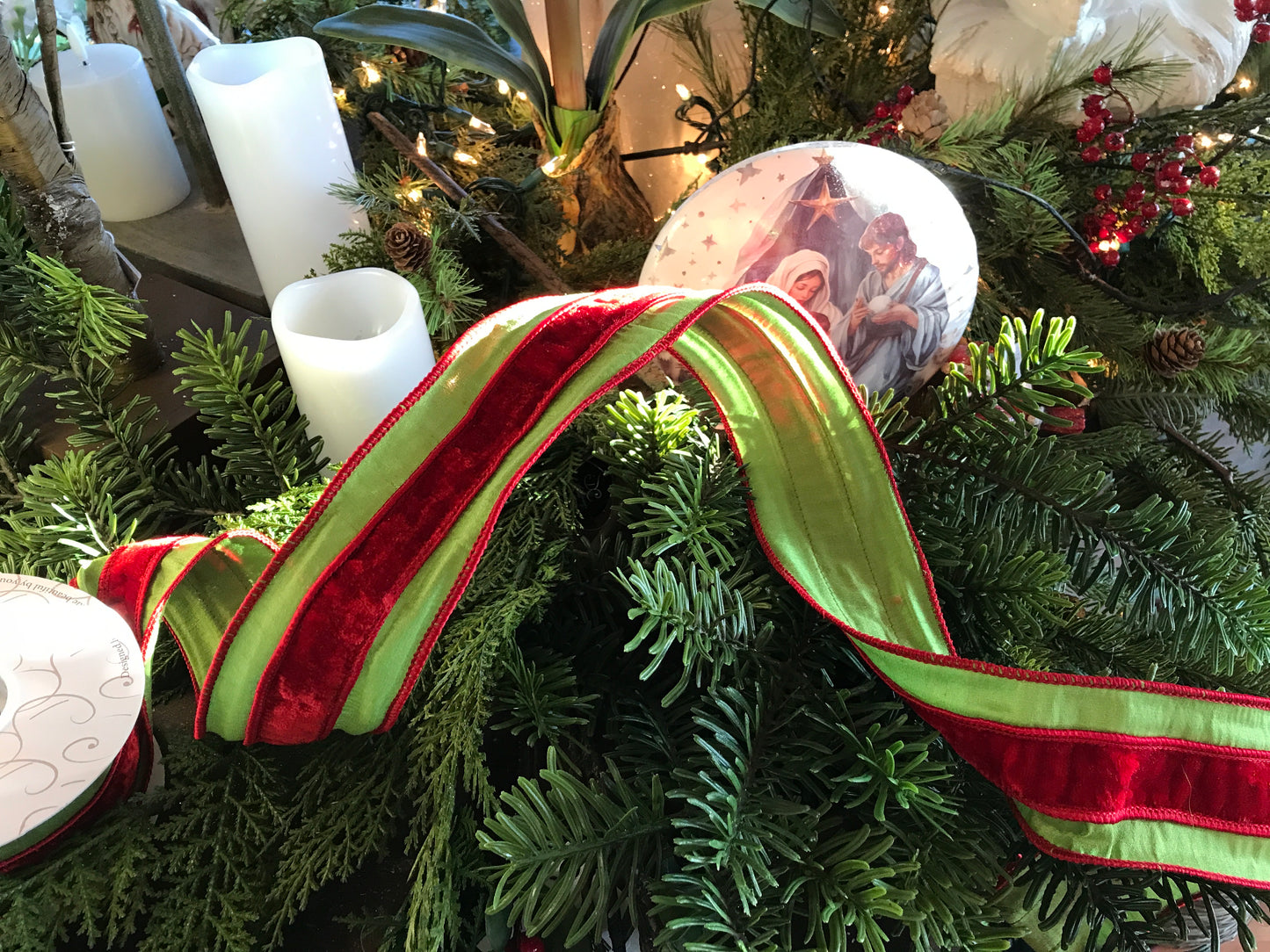 Green Faux Dupioni Ribbon W/ Red Velvet Center 2.5”x 10yd