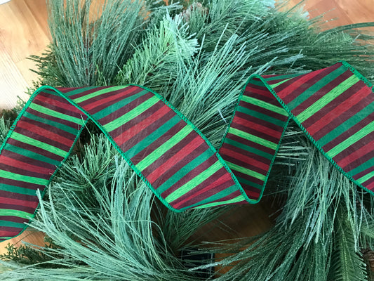 Multi Stripe Ribbon Burg. Red/ Apple/Emer. 2.5” x 10yd (3/72) OFC