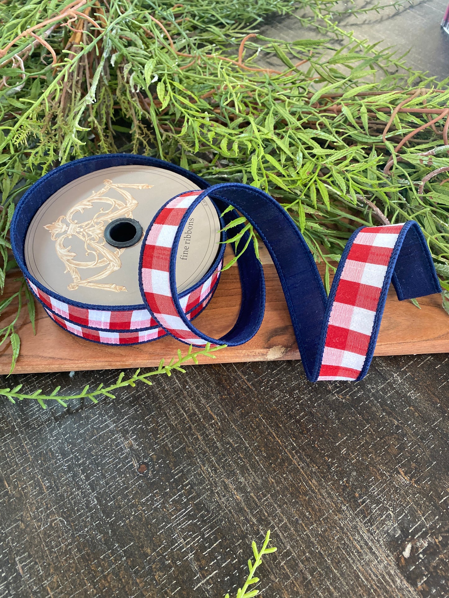 1"x10yds Faux Dupion Check, red-white-blue