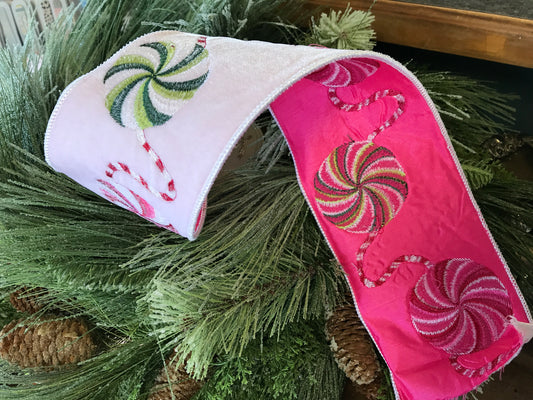 4"x5yds Velvet Embroidery Red, Pink, Green Candy Disk