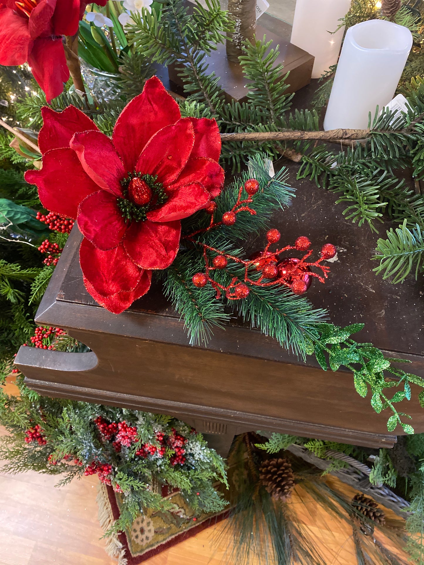 24" Misteltoe Merriment Magnolia With Mixed Foliage Spray Red/Green