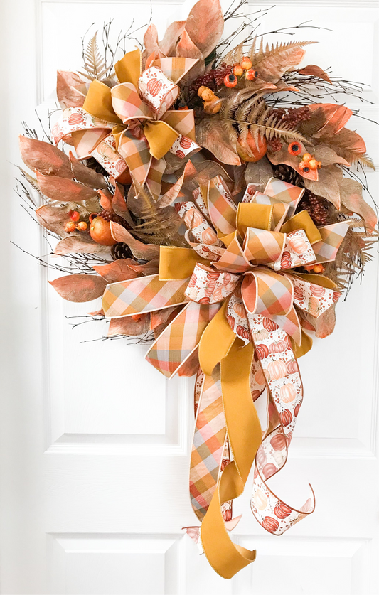 30” Round Brown & Orange Fern & Magnolia Wreath with Designer Bow