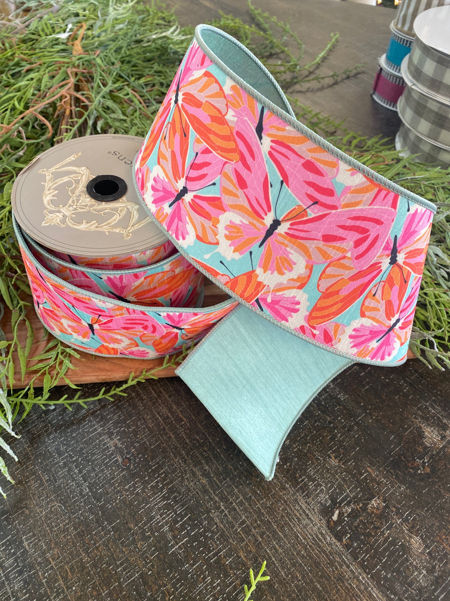 4"x10yds Dupion Colorful Orange Hot Pink Butterflies, Celadon
