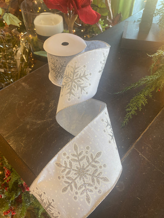 4"x10yds Glitter Snowflake Silver Back Ribbon