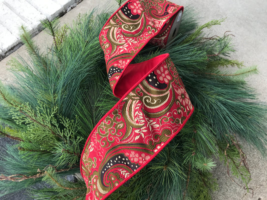 4"x 10yds Acanthus Ribbon Red, Green