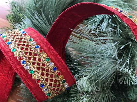 2.5”x10yds Multicolor Gold Trim Red Ribbon