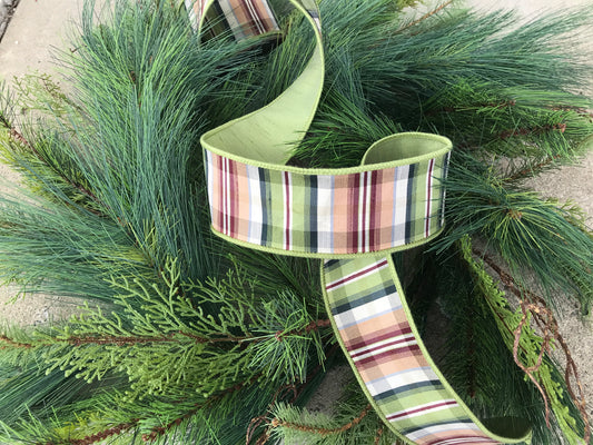 2.5"x 10yds Madras Plaid Ribbon, Ivory, Green, & Cranberry