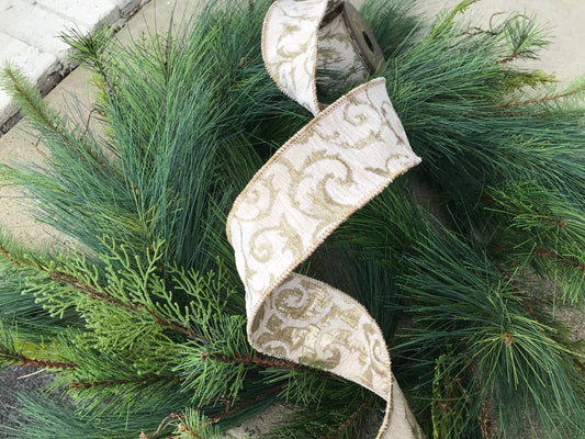 2.5"x5yds Jacquard French Scroll, Ivory Silver and Gold Ribbon