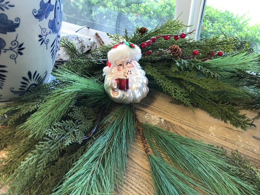 Santa w/Cocoa Ornament 5”H Glass