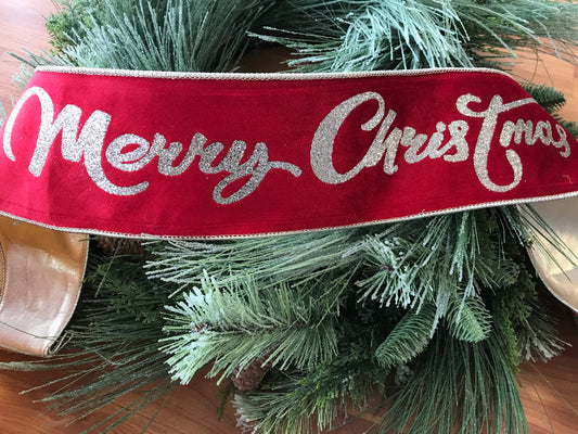 Plush Red Velvet Gold “Merry Christmas” Glitter Ribbon 4”x10yds