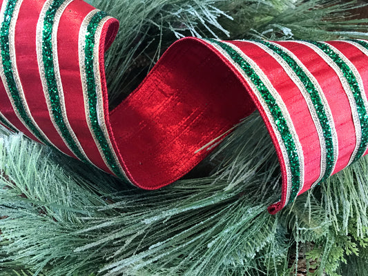 Glitter Stripe Fiesta Deluxe Wired Edge Ribbon Red/Green 4”x5yds