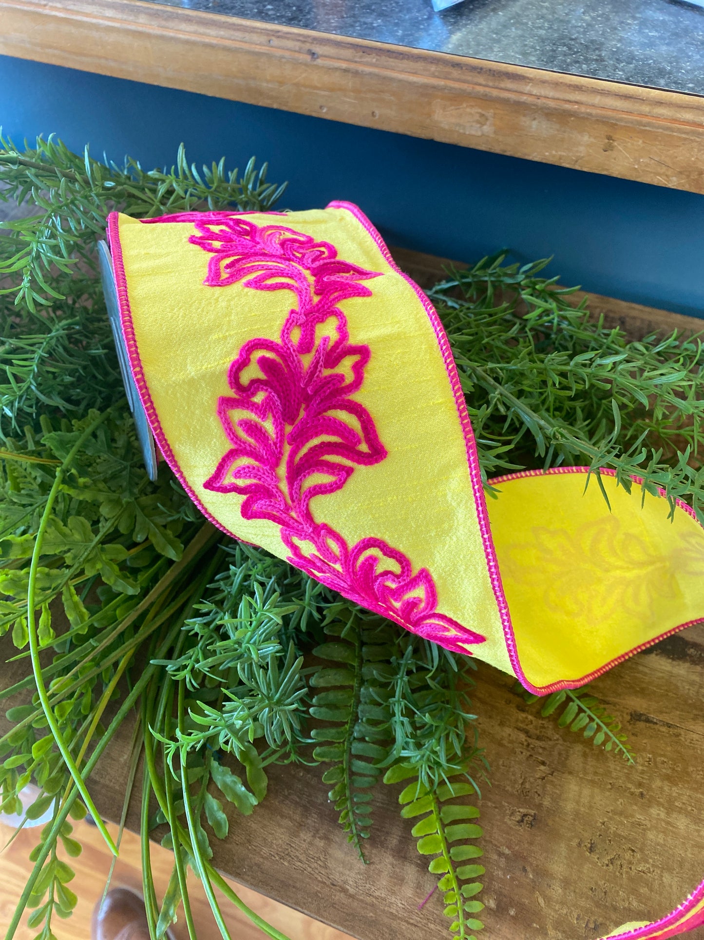 Filigree Embroidery Leaf Vine Dupioni Deluxe Wired Edge Yellow/Fuchsia 4"x 5yds