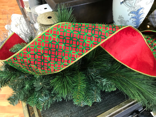 4”x10yds Green Chain Circle Embroidery on Red Dupioni Ribbon