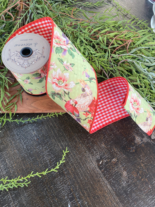 4"x5yds Poplin Parrots Mix Floral, Chartreuse, Coral Pink