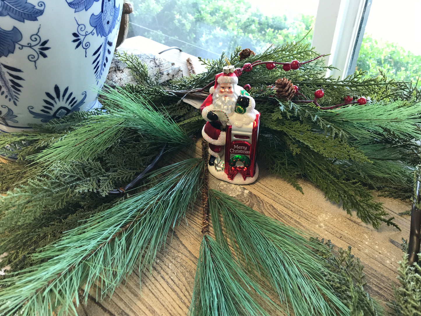 Santa and Mailbox Ornament 6”H Glass