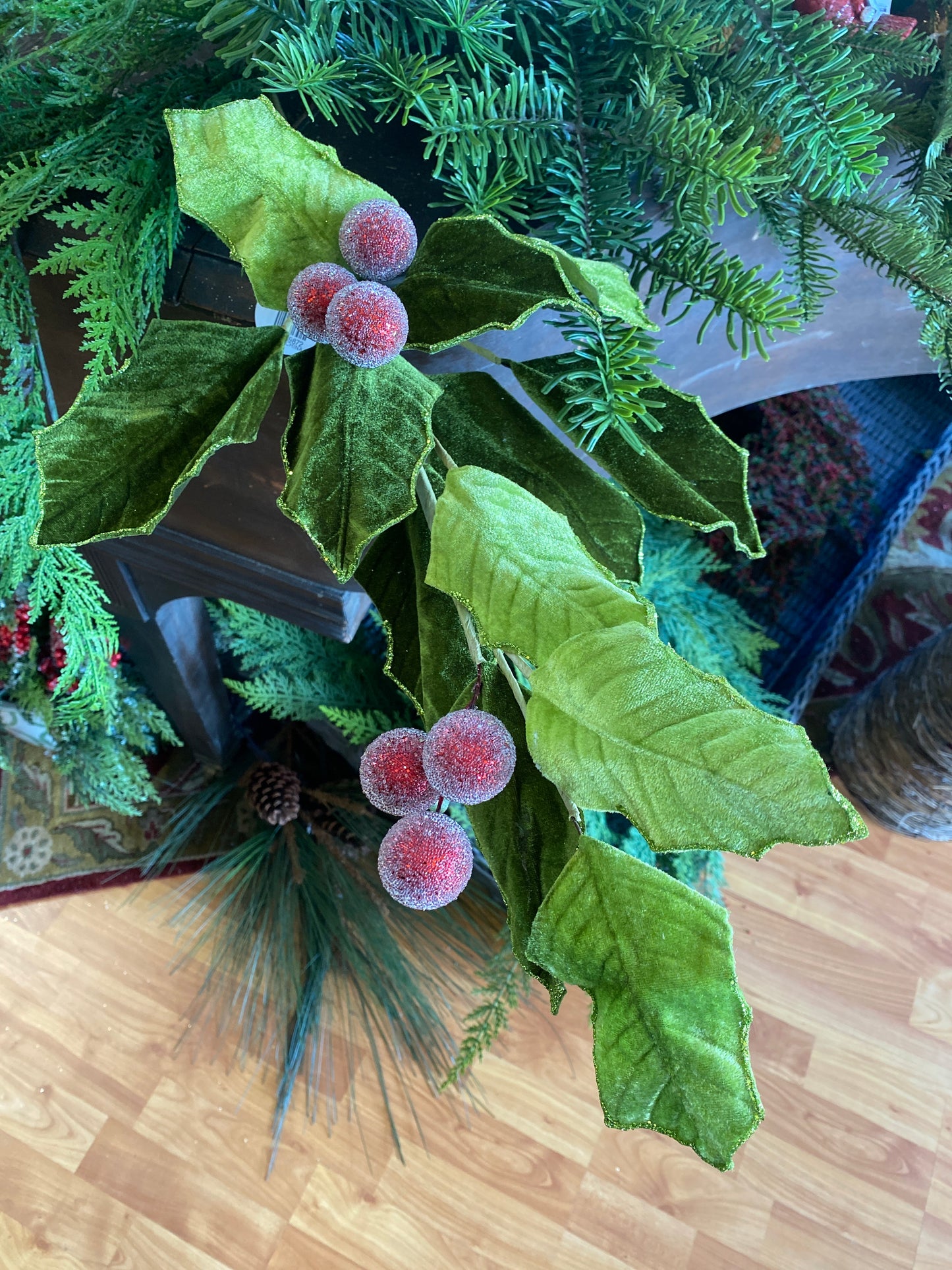 31” Old World Velvet Holly Spray