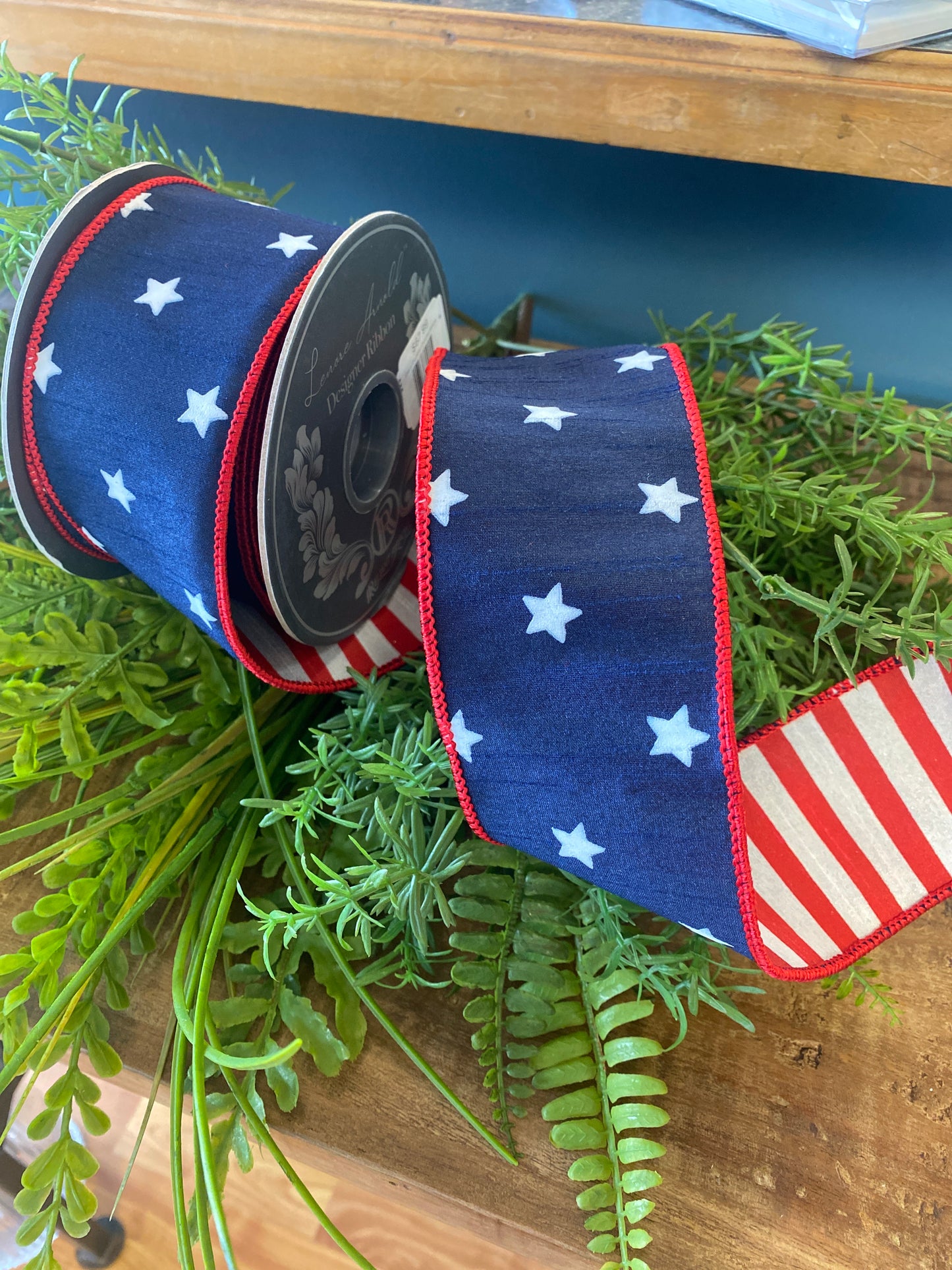 Stars Dupioni Deluxe Striped Backing Wired Edge Navy/Red 2 1/2"x10yds