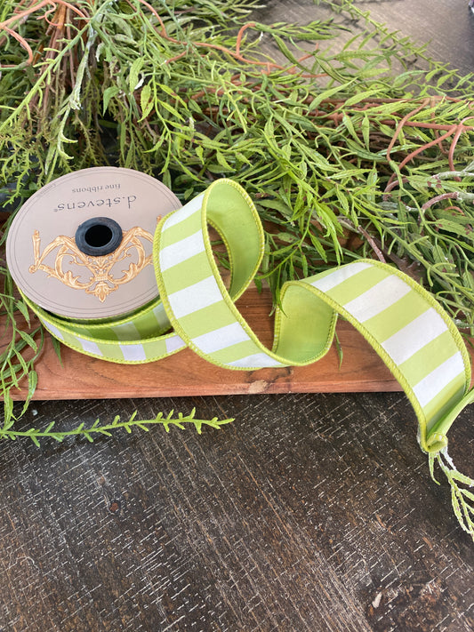 1.5"x10yds Green White Stripe Taffeta Dupion Back, Green white