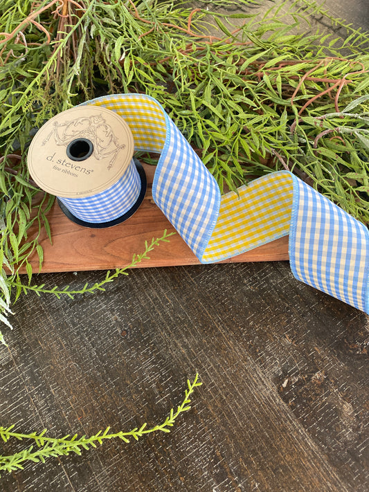 2.5"x10yds Poplin Gingham, Light Blue, Golden Yellow