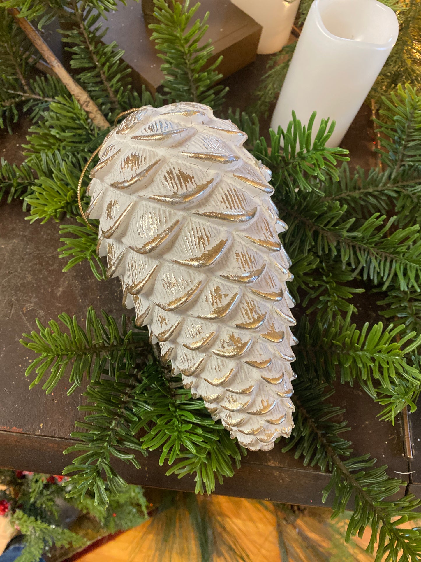 9” Plastic Pinecone Ornament White with Gold accents