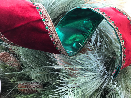 4"x5yds Red Velvet With Jewel Trim