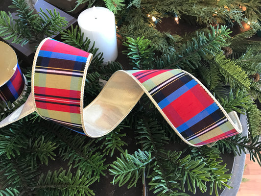 2.5”x 10yds Bright Nutcracker Plaid Ribbon Lime,Red,Royal
