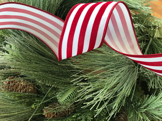 2.5"x10yds Red and White Stripe Ribbon with Glitter
