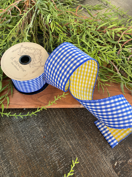 2.5"x10yds Poplin Gingham, Royal Blue, Golden Yellow