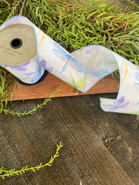 4"x10yds Grosgrain Watercolor Dragonfly, white