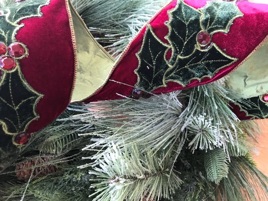 4”x5yds Velvet Embroidery Holly Jewel Berry Dark Red Dark Green Ribbon