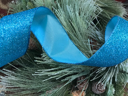 Glitter Metallic Wired Edge Ribbon Aqua 2.5”x10yds