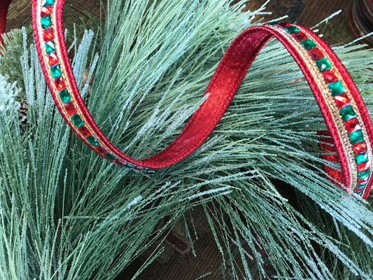 Sumptuous Jewel Accent Deluxe Metallic Backed Wired Edge Ribbon Red/Green 7/8”x5yds
