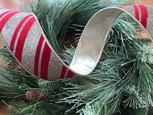 Red Velvet w/ Gold Glitter Diagonal Stripe 2.5”x10yds Ribbon