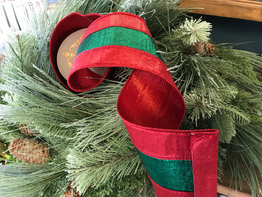 4" x 10yds Metallic Dupion Green Center, Red Edge