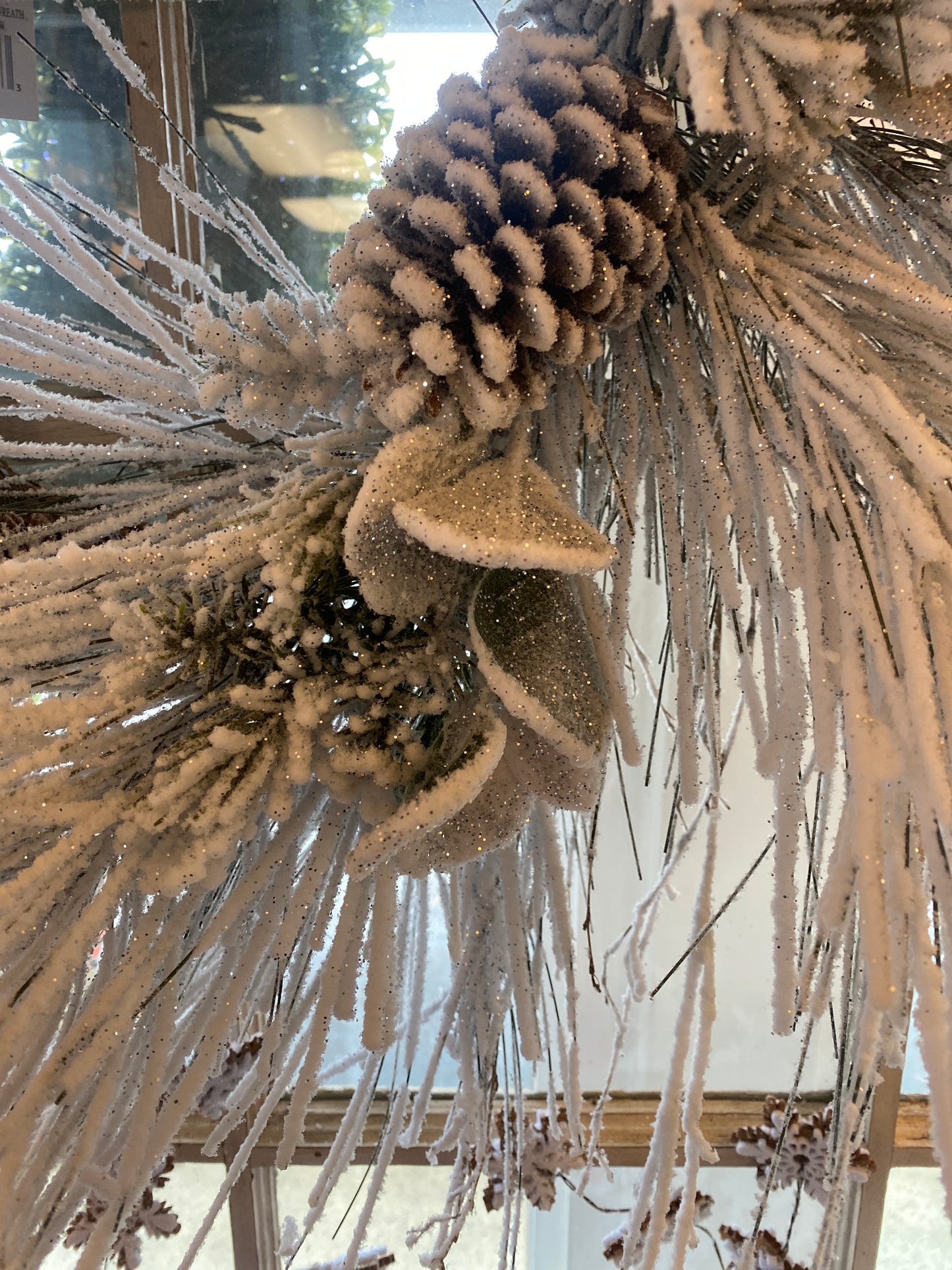 26” Flocked Long Needle Pine Wreath w/Mixed Cones & Eucalyptus