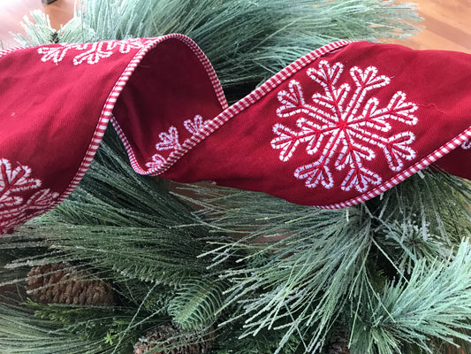 4” x 5 Yds. Wired Embroidered Red & White Snowflake on Red with Red and White Trim